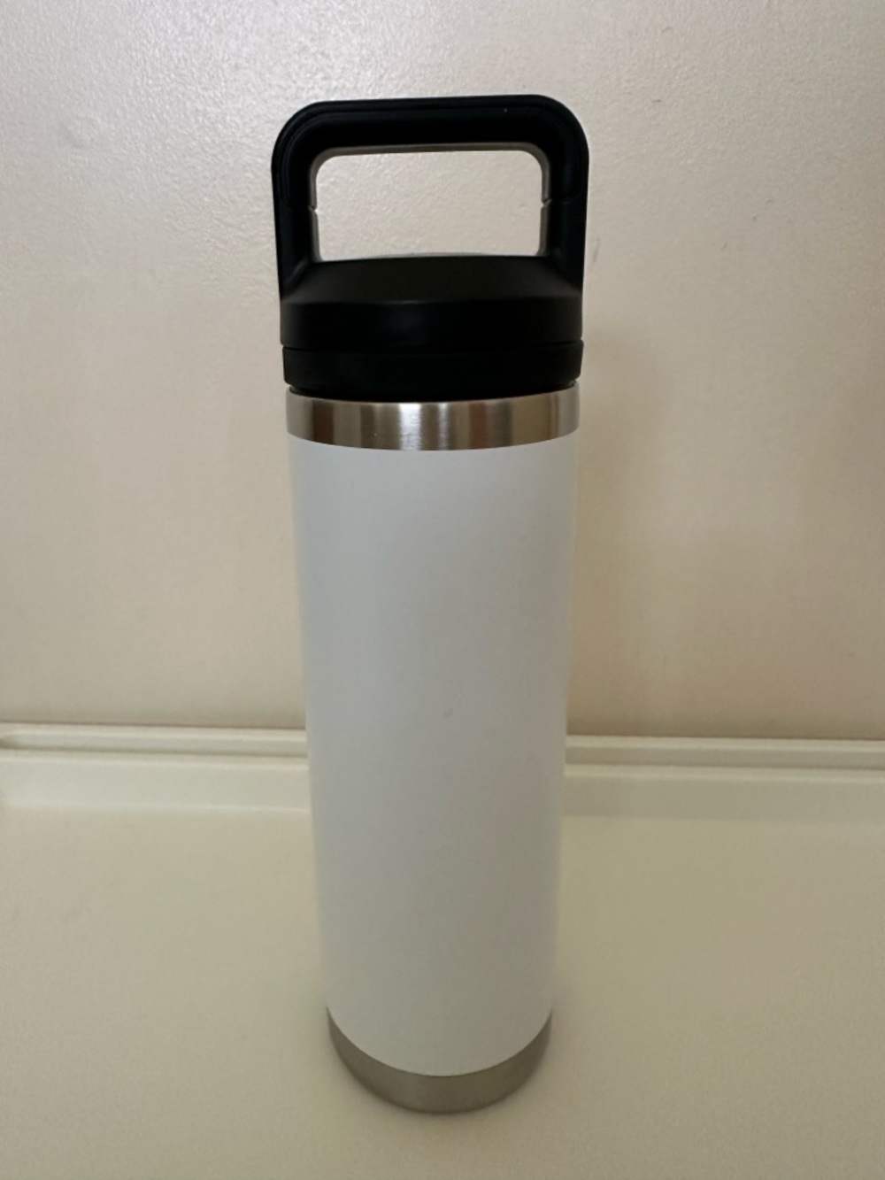White Stainless Steel Travel Bottle with Black Handle NWOT No Logo